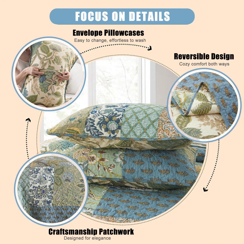 NEWLAKE Quilt Set King Size, 100% Cotton Patchwork Green Bohemian Quilt Sets, Reversible Bedspread Lightweight and Breathable for All Seasons, Soft Quilted Bedspread with 2 Pillow Shams - Image 4